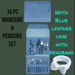 16 Piece Blue Leather Manicure & Pedicure Set